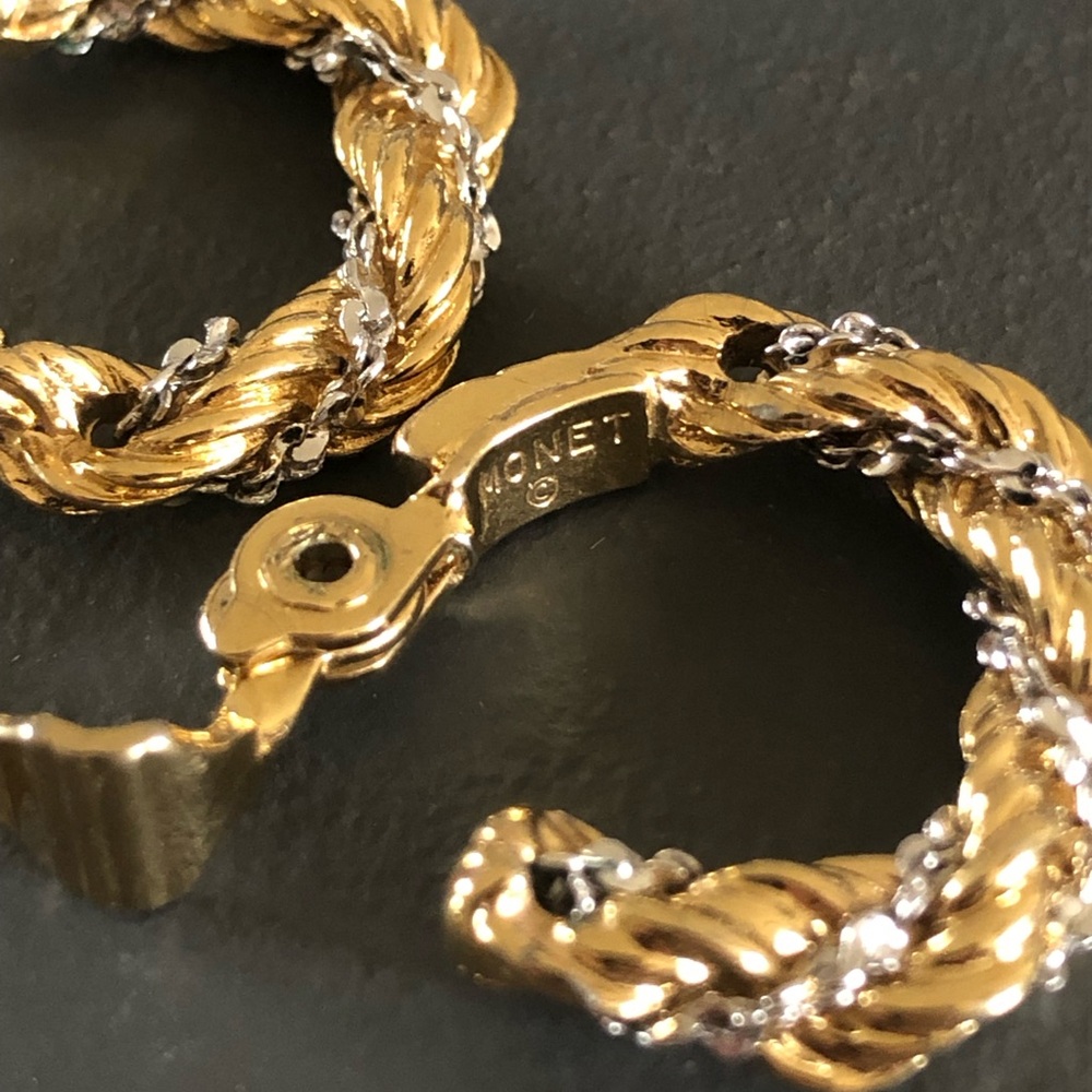 2 Pairs Vintage Monet (1980’s) Gold Tone and Silver Hoop Earrings - Picture 6 of 9
